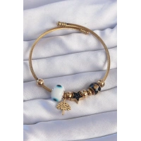 316L Çelik Gold Renk Siyah Zirkon Taşlı Yıldız Tasarımlı Ağaç Detay Nazarlı Charm Bileklik