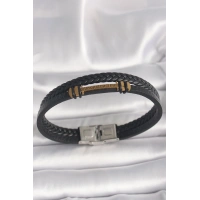 316L Çelik Gold Renk ZikZak İşlemeli Aksesuarlı Çift Sıra Burgu Desenli Deri Kordon Erkek Bileklik