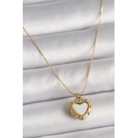 316L Çelik Gold Renk Zincir Sedefli Kalp Model Kadın Kolye