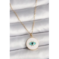 316L Çelik Gold Renk Zincir Beyaz Mineli Turkuaz Göz İşleme Model Kadın Kolye