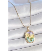 316L Çelik Gold Renk Zincir İncili Çiçek İşlemeli Portre Model Kadın Kolye