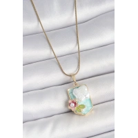 316L Çelik Gold Renk Zincir Mavi Mineli İncili Çiçek İşlemeli Portre Model Kadın Kolye