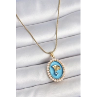 316L Çelik Gold Renk Zincir Mavi Mineli İncili Zirkon Taşlı Çiçek İşlemeli Portre Model Kadın Kolye