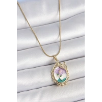 316L Çelik Gold Renk Zincir Mix Renk Mineli Çiçek İşlemeli Zirkon Taş Detaylı Portre Model Kadın Kolye