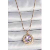 316L Çelik Gold Renk Zincir Mor Çiçek İşlemeli İnci Detay Potre Model Kadın Kolye