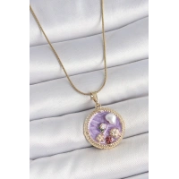 316L Çelik Gold Renk Zincir Mor Mineli İncili Çiçek İşlemeli Madalyon Model Kadın Kolye