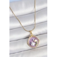 316L Çelik Gold Renk Zincir Mor Mineli İncili Çiçek İşlemeli Portre Model Kadın Kolye