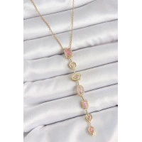 316L Çelik Gold Renk Zincir Pembe Zirkon Taşlı Y Model Dekolte Kadın Kolye