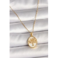 316L Çelik Gold Renk Zincir Zirkon Taş Detaylı Beyaz Mineli Ağaç İşlemeli Portre Model Kadın Kolye