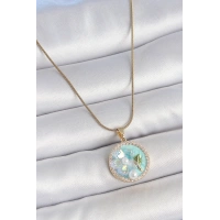 316L Çelik Gold Renk Zincir Zirkon Taş Detaylı Mavi Mineli Çiçek İşlemeli İnci Detay Kadın Kolye