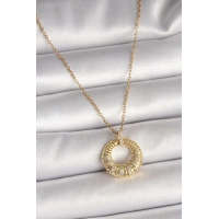 316L Çelik Gold Renk Zincir Zirkon Taş İşlemeli Daire Model Kadın Kolye