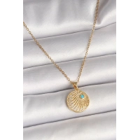 316L Çelik Gold Renk Zincir Zirkon Taş İşlemeli Mavi Taş Detaylı Madalyon Model Kadın Kolye
