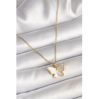 316L Çelik Gold Renk Zincir Zirkon Taşlı Beyaz Mineli Kelebek Model Kadın Kolye