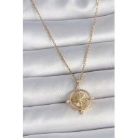 316L Çelik Gold Renk Zincir Zirkon Taşlı Pusula Model Kadın Kolye