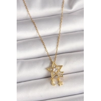 316L Çelik Gold Renk Zincir Zirkon Taşlı Yıldız Model Sallanı Ay Yıldız Detay Kadın Kolye