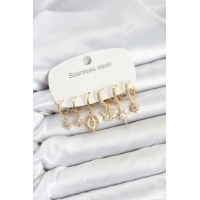 316L Çelik Gold Renk Zirkon Taşlı Charm Detaylı Kadın Küpe Seti