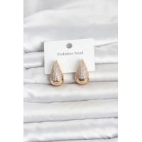 316L Çelik Gold Renk Zirkon Taşlı Damla Model Kadın Küpe