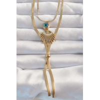 316L Çelik Gold Renk Zirkon Taşlı Göz Detay Nazarlı Uzun Asansör Model Kolye