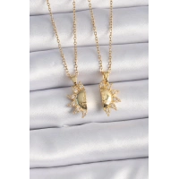 316L Çelik Gold Renk Zirkon Taşlı Güneş Model İşleme Yazı Detay Arkadaş Kolyesi