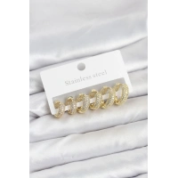 316L Çelik Gold Renk Zirkon Taşlı Halka Küpe Seti