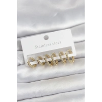 316L Çelik Gold Renk Zirkon Taşlı Halka Model Kadın Küpe Seti