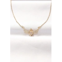 316L Çelik Gold Renk Zirkon Taşlı Kalpli Kanat Kolye