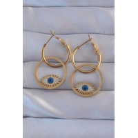 316L Çelik Gold Renk Zirkon Taşlı Mavi Göz Tasarımlı Halka Küpe