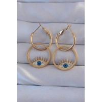 316L Çelik Gold Renk Zirkon Taşlı Mavi Göz Tasarımlı Halka Küpe