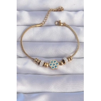 316L Çelik Gold Renk Zirkon Taşlı Nazarlı Çiçek Tasarımlı Bileklik