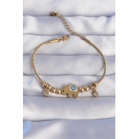 316L Çelik Gold Renk Zirkon Taşlı Nazarlı Fil Tasarımlı Bileklik