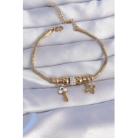 316L Çelik Gold Renk Zirkon Taşlı Yonca Detay Nazarlı Anahtar Tasarımlı Bileklik