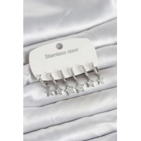 316L Çelik Gümüş Renk 6lı Set Yıldız Model Kadın Küpe