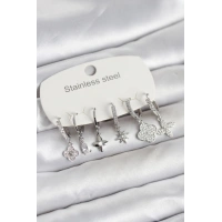 316L Çelik Gümüş Renk 6lı Set Yonca Model Kadın Küpe