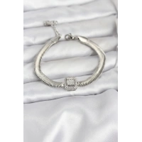 316L Çelik Gümüş Renk Baget Zirkon Taşlı Yılan Zincirli Kadın Bileklik