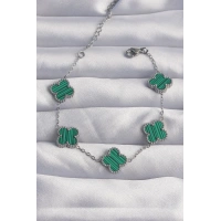 316L Çelik Gümüş Renk Çizgili Yeşil Mineli Yonca Bileklik