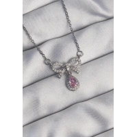 316L Çelik Gümüş Renk Fiyonk Detay Pembe Zirkon Taşlı Damla Kolye