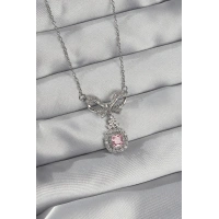 316L Çelik Gümüş Renk Fiyonk Detay Pembe Zirkon Taşlı Tektaş Kolye