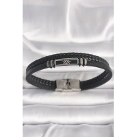 316L Çelik Gümüş Renk Gemi Dümeni Figür Siyah Burgu Deri Kordon Model Erkek Bileklik