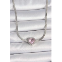 316L Çelik Gümüş Renk İtalyan Zincir Pembe Zirkon Taşlı Kalp Model Kadın Kolye