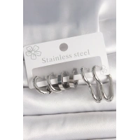 316L Çelik Gümüş Renk Kalp Halka Model Kadın Küpe Seti