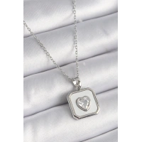 316L Çelik Gümüş Renk Kare Madalyon Kalp Zirkon Taş İşleme Kadın Kolye