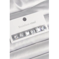 316L Çelik Gümüş Renk Kare Zirkon Taşlı Kadın Küpe Seti