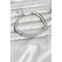 316L Çelik Gümüş Renk Kare Zirkon Taşlı Yılan Zincirli Kadın Bileklik