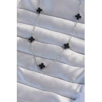 316L Çelik Gümüş Renk Minimal Siyah Mineli Yonca Kolye