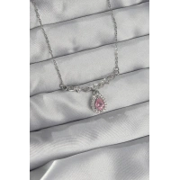 316L Çelik Gümüş Renk Pembe Zirkon Taşlı Damla Kolye