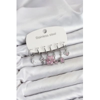 316L Çelik Gümüş Renk Pembe Zirkon Taşlı Lotus Detaylı Kadın Küpe Seti