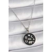 316L Çelik Gümüş Renk Siyah Renk Şans Kolyesi