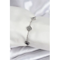 316L Çelik Gümüş Renk Siyah ve Zirkon Taşlı Baby Boy Yonca Kadın Bileklik