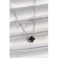 316L Çelik Gümüş Renk Siyah Yonca Model Kadın Kolye