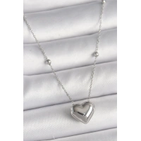 316L Çelik Gümüş Renk Topçuk Detay Zincir Kalp Model Kadın Kolye